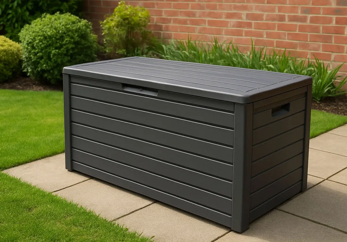 Ciemnoszara skrzynia ogrodowa z tworzywa sztucznego ustawiona na tarasie, idealna do przechowywania poduszek i akcesoriów ogrodowych